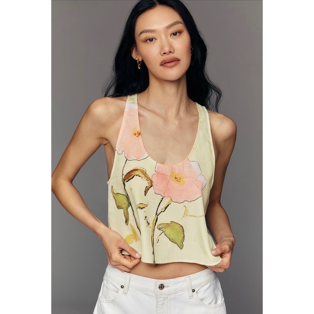 Hunter Bell Carsyn Tank Top Womens M Yellow Floral Watercolor Abstract Cropped